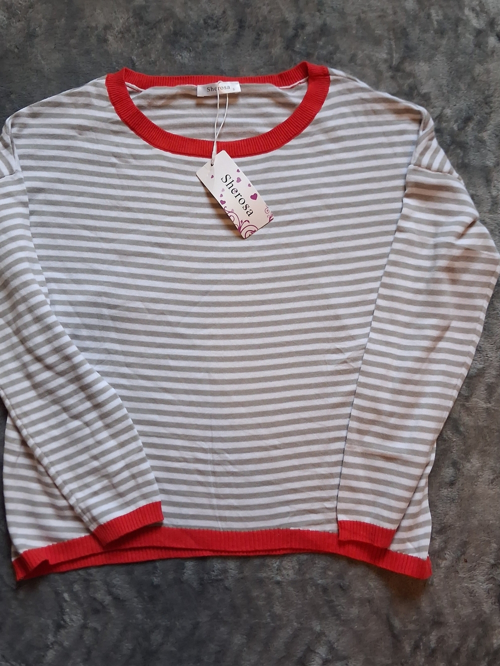 NWT Sherosa Women's Gray White Striped Crewneck Sweater Size Small
